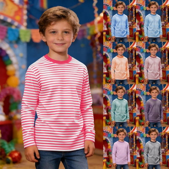 RTKFRFLM Kids' Fashionable Striped Long Sleeve T-Shirt Crewneck Top for Boys and Girls Casual Fall Winter Base Layering Shirt Soft Breathable Daily Wear Size 4-16 Years