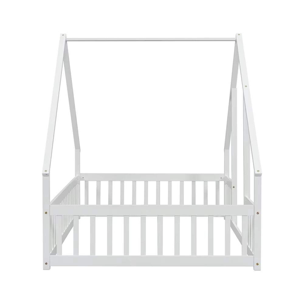 Full Size Floor Bed for Kids Toddlers, Wooden Montessori Bed Frame with Roof and Fence Guardrails, Playhouse Bed Tent Bed for Boys Girls Bedroom, Easy Assembly, White