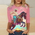 thumbnail image 2 of Women's Tops Dressy Casual Vintage Fashion 2024 3/4 Sleeve Tunic Tops for Lady Loose Fit Flowy Crew Neck Blouse 3D Horse Printing Summer Clothes for Teen Girls Spring Elegant Shirts Pink T Shirts L, 2 of 5