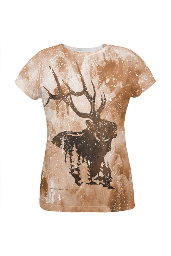Distressed Brown Elk Silhouette All Over Womens T Shirt Multi X-LG