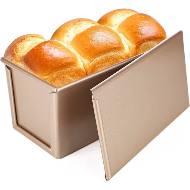 Beasea Pullman Loaf Pan, 1 lb Dough Capacity Non-Stick Bakeware With Lid for Baking, Aluminium Alloy Toast Box Mold With Cover, Gold