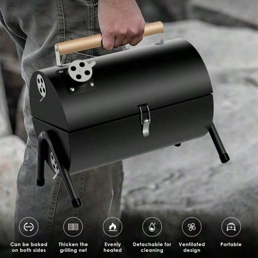 Compact Portable Charcoal Grill Barrel - Double Sided Collapsible Design, Great For Outdoor Cooking And Camping, Black Stainless Steel Smoker With Wooden Handle,