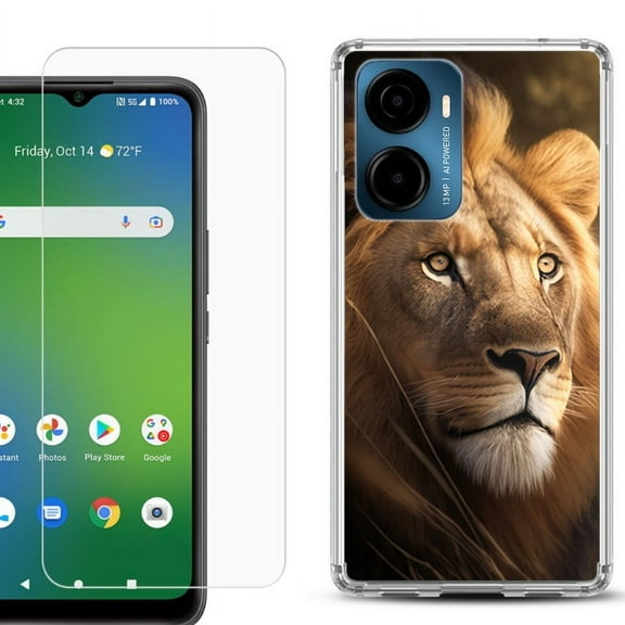 For AT&T Propel 2 5G Phone Case Cover, Shockproof Bumper Hybrid Case with Tempered Glass Screen Protector, by OneToughShield - Lion