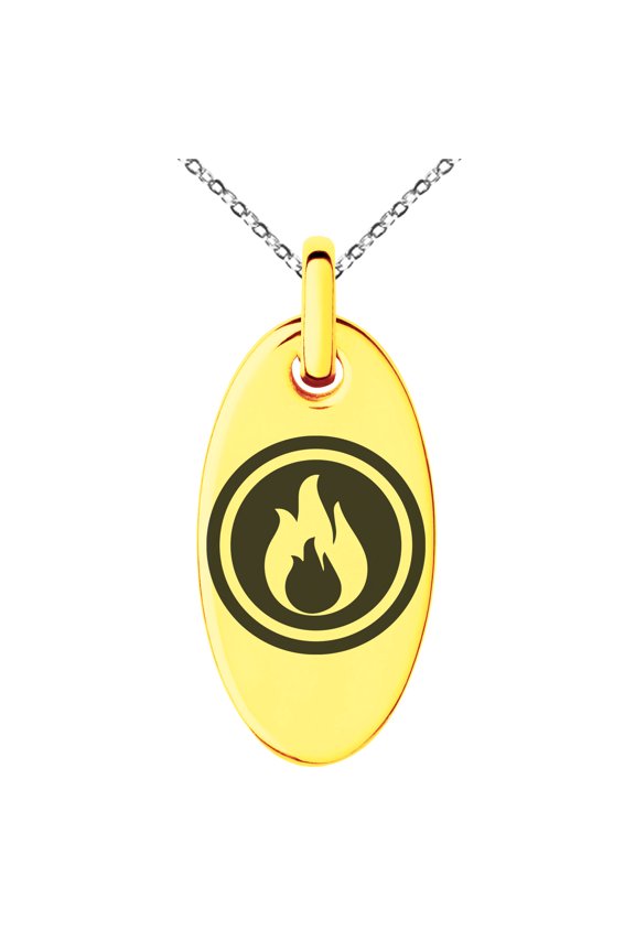 Stainless Steel Fire Element Rune Engraved Small Oval Charm Pendant Necklace