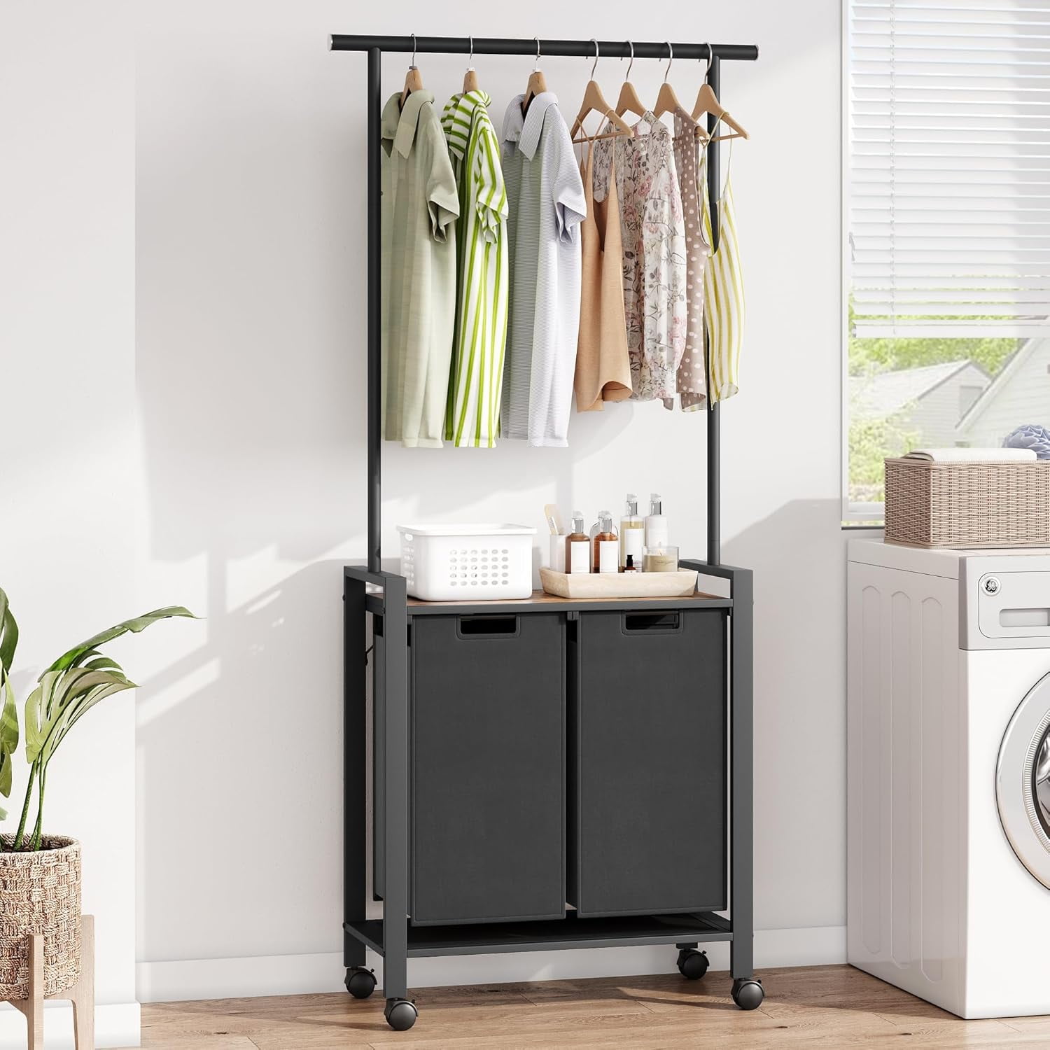 Laundry Hamper Sorter with Retractable Hanging Rod & Locking Wheels - Heavy Duty Laundry Room Organizer with Shelf，2 Hamper