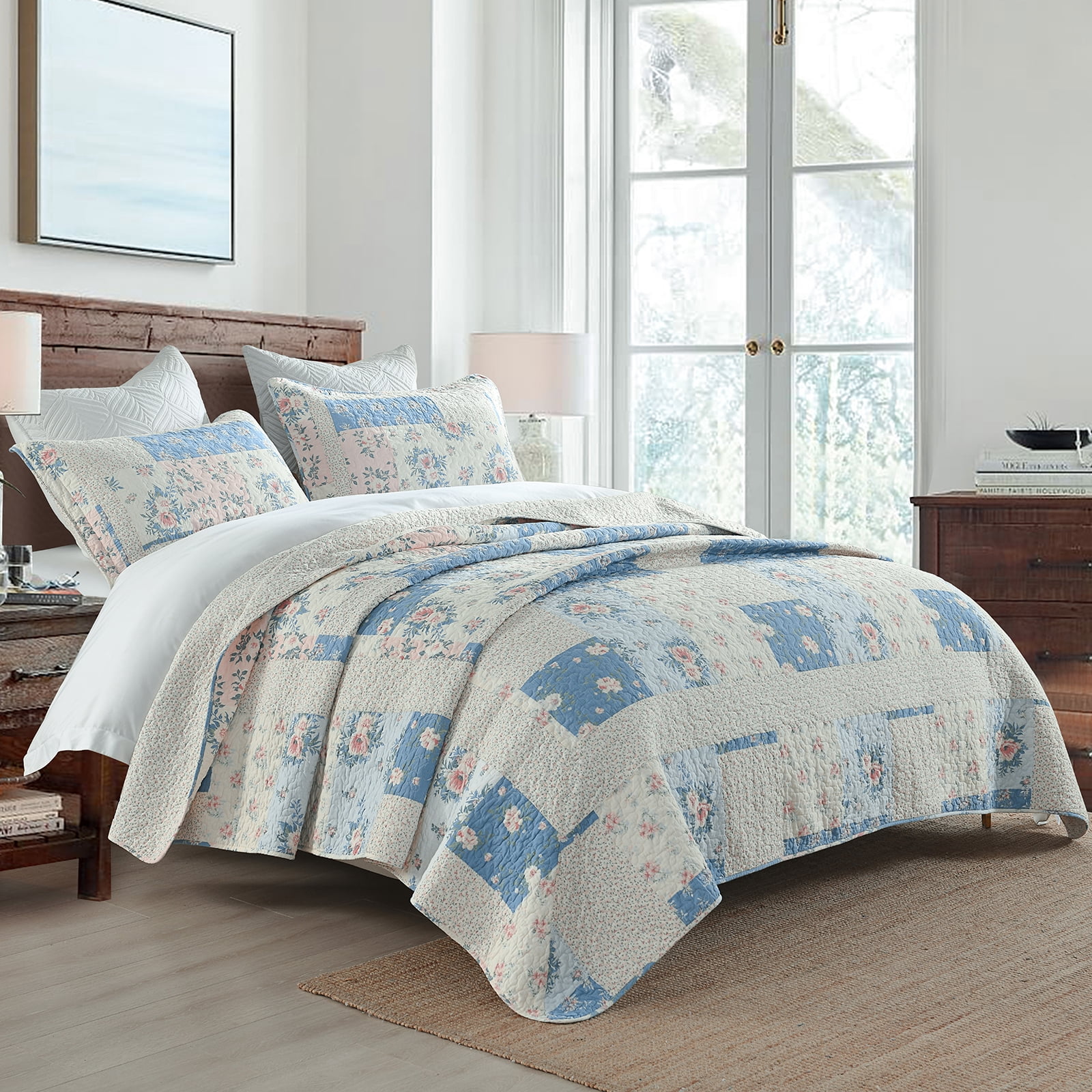 DUOHONG King Bedspread 120"W x 120"L - 100% Cotton Reversible Lightweight Oversized Quilt with 2 Pillow Shams, Blue/Cream White