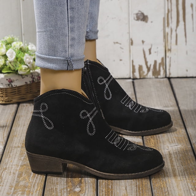 LSLJS Bottines à Talon Bas pour Femmes, Bout Rond, Grande Taille, Broderie, Bottines Courtes pour Femmes, Chaussures à Bout en V, Espadrilles pour Femmes