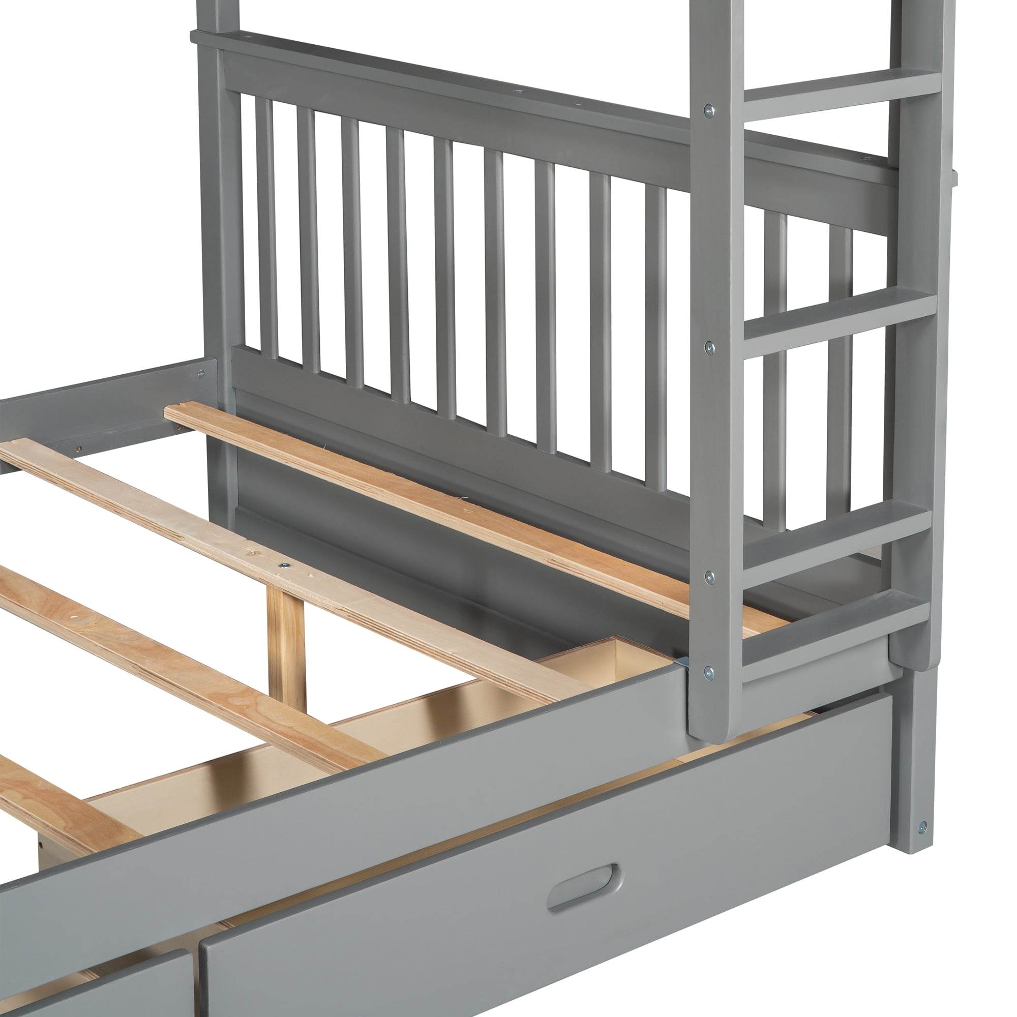 Aukfa Full over Full Bunk Bed with Two Storage Drawers, Wood Convertible Two Bed for Kids Teens - Gray