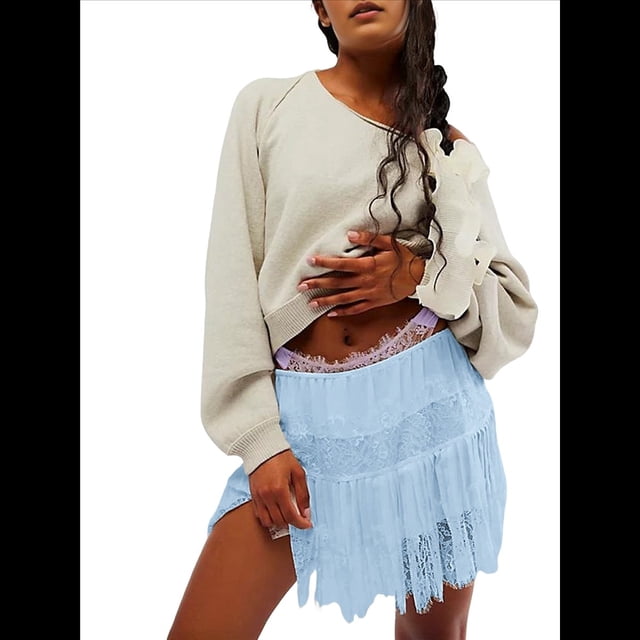 Falda Y2K de Tiro Bajo para Mujer, Plisada, con Volantes y Ribete de Encaje, Corta, Holgada y en . Azul S