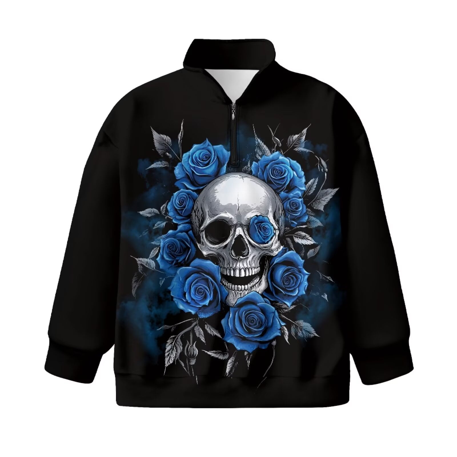 Uorisanigo Girls Half Zip Sweatshirt Fashion Blue Rose Skull Long Sleeve Pullover Top Fall Spring Outfits Clothes Oversized Quarter Zipper Cropped Sweatshirt for Sports and Daily Wear
