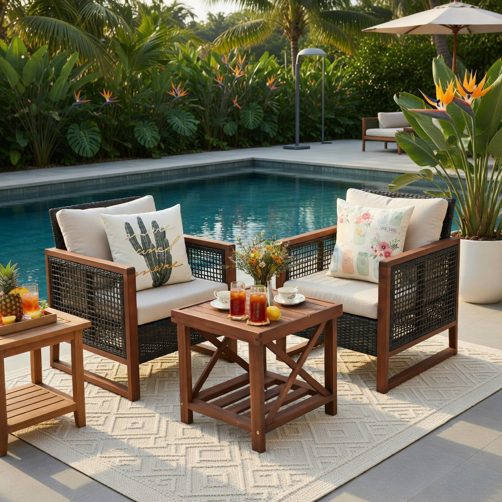 Hommoo 3-Piece Outdoor Wicker Patio Furniture Set with Washable Cushions, Acacia Wood Coffee Table, Modern Backyard Seating for Balcony, Garden & Deck, Beige