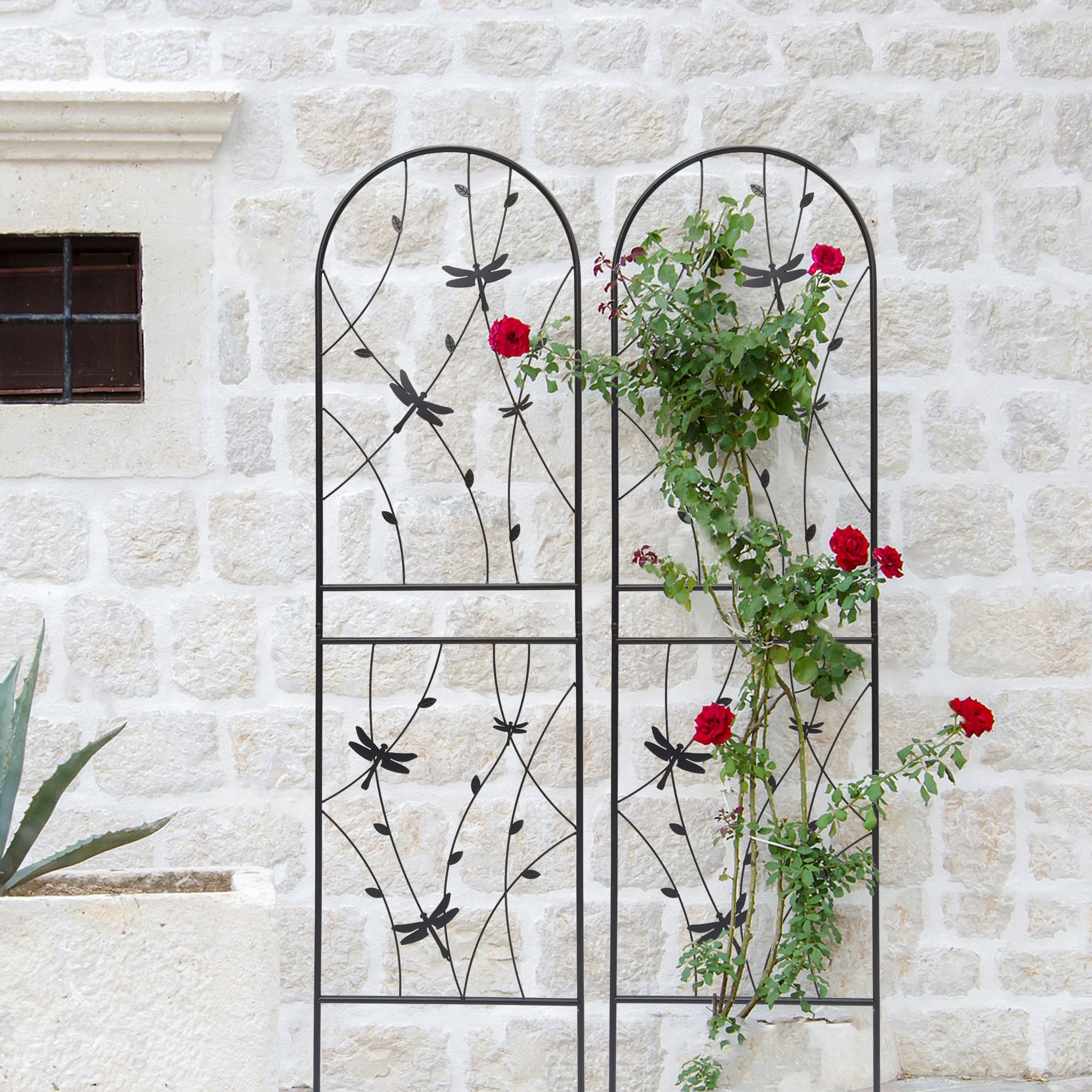 MAYEERTY 4 Pack Metal Garden Trellis 71 x 19.7 Inch Rustproof Climbing Plants Support Dragonfly Deco Black Outdoor Flower