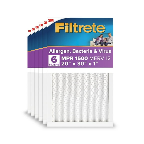Filtrete 20x30x1 HVAC Furnace Air Filter, MPR 1500 MERV 12, Allergen, Bacteria, Virus, 6 Pack