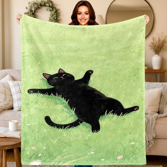 1pc Black Cat & Lime Green Feline Print Flannel Blanket Soft All-Season Cozy Throw for Bed Sofa Camping Cat Lover Gift Machine Washable Multi-Size Tabby Cat Bedspread