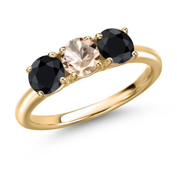 Gem Stone King 10K Yellow Gold Peach Morganite and Black Sapphire Engagement Ring for Women | 1.78 Cttw | Round 5MM | Gemstone October Birthstone | Size 6
