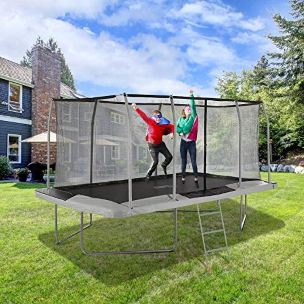 Plexalife 9' X 15' Gymnastics Style, Rectangular Trampoline Set with Premium Top-Ring Enclosure System- Beige/Black with Bonus 3-Step Ladder