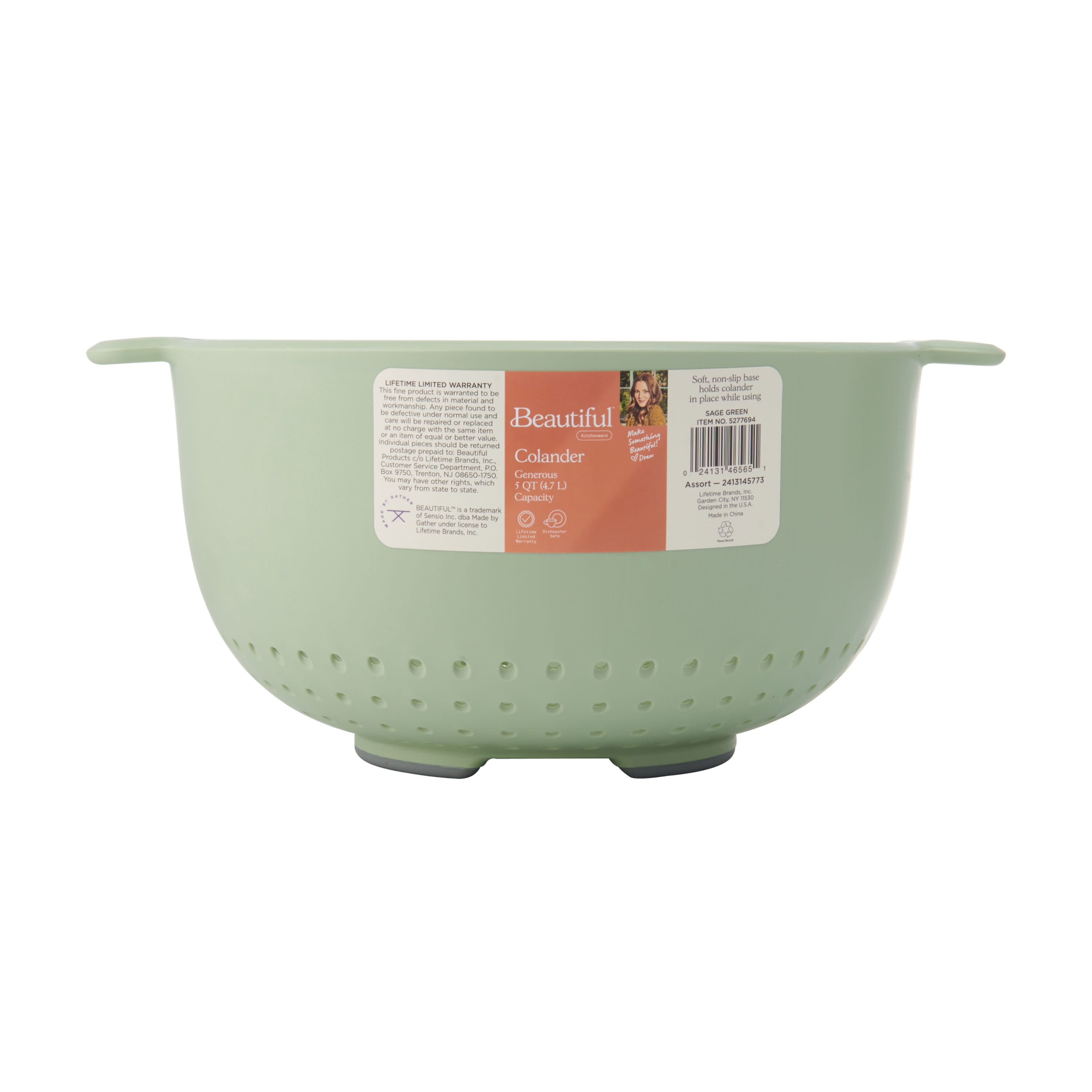 Beautiful 5-quart Plastic Colander with Integrated Handles in Sage Green by Drew Barrymore