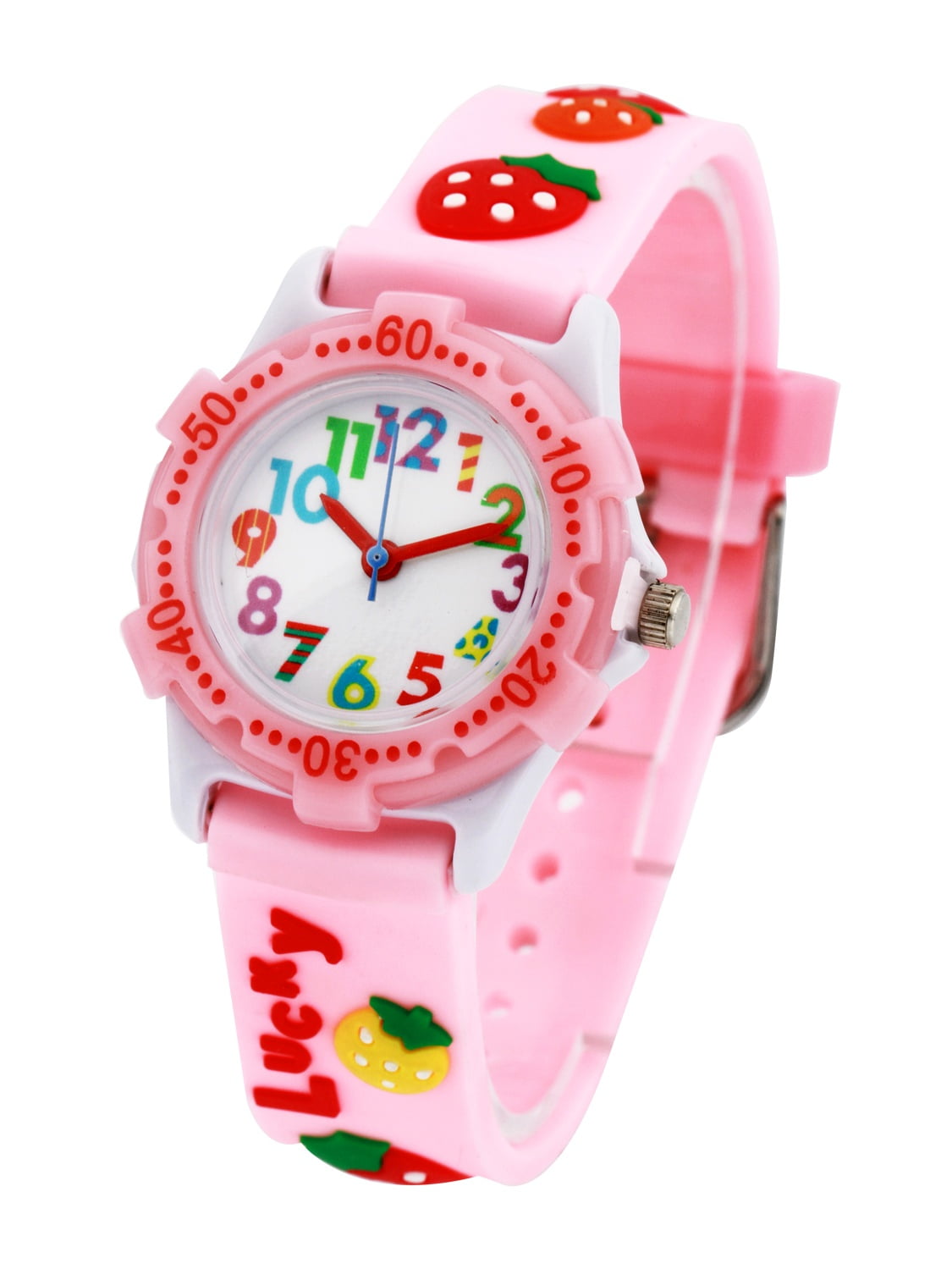 Waterproof 3D Cute Cartoon Digital Silicone Wristwatches Time Teacher Gift for Little Girls Boy Kids Children  (Pink -Strawberry)