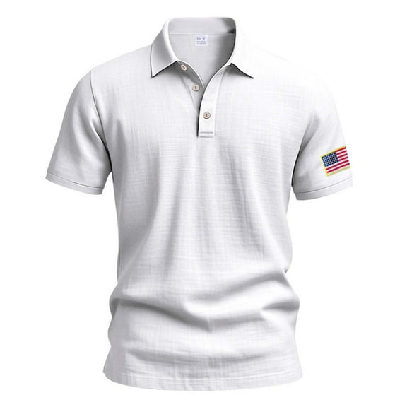 MIXUE Polo Shirts For Men Summer Fourth Of July Independence Day Flag Embroidered Solid Color Lapel Button Down Short Sleeve Slim Casual Streetwear,White,S