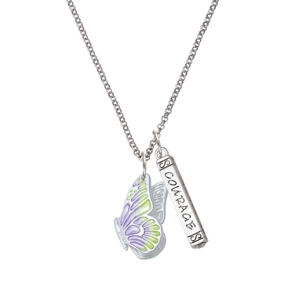 Delight Jewelry Silvertone Large Translucent Purple & Lime Green Flying Butterfly Silvertone Courage Strength Wisdom Honesty Bar Charm Necklace, 23"