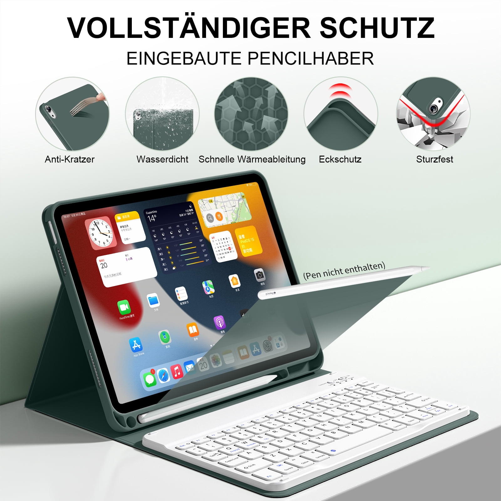 SZPSGC for iPad (A16) 11th Generation Case with Keyboard 11 inch 2025, iPad 10th Generation 10.9 inch Case with Pencil Holder, Multi-Angle Detachable Bluetooth Keyboard,Green
