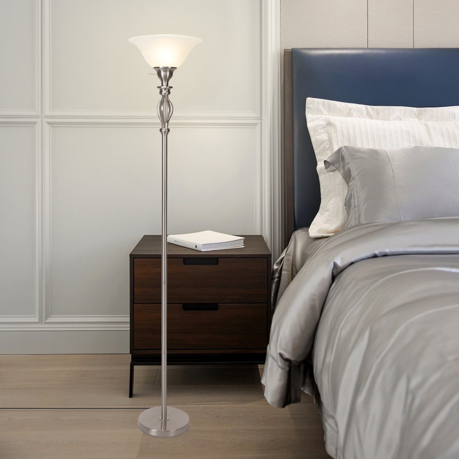 HonoDing 72"Torchiere Floor Lamps for Living Room, with White Alabaster Glass Shade,Brush Nickel