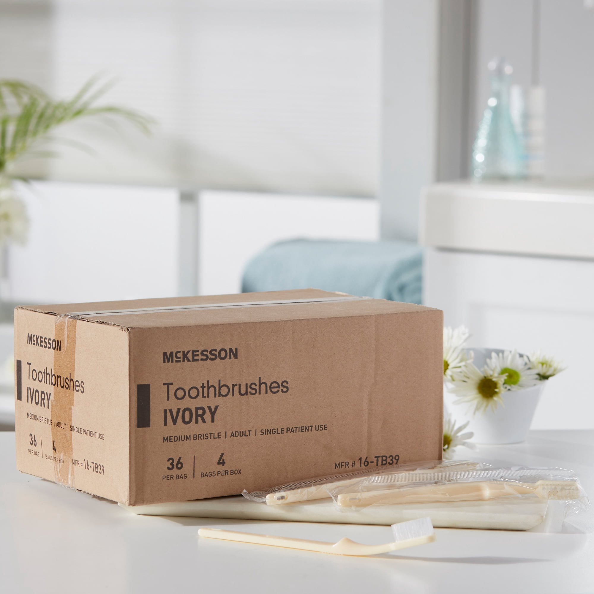 McKesson Toothbrush, Medium Bristles for Dental Hygiene, Ivory, 144 Count, 1 Pack