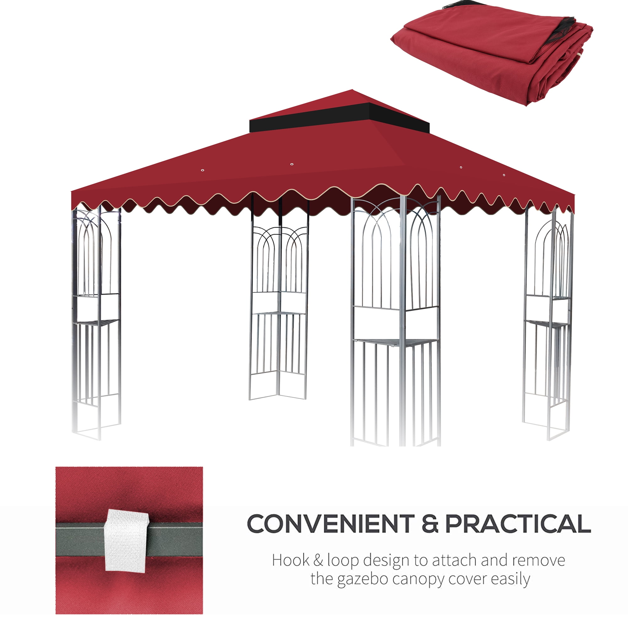 Coowa 10'x10' Replacement Gazebo Canopy, Double Tiered Waterproof Roof Cover with Wavy Border (Frame Not Included) for Outdoor Gazebo for Backyard, Patio, Red