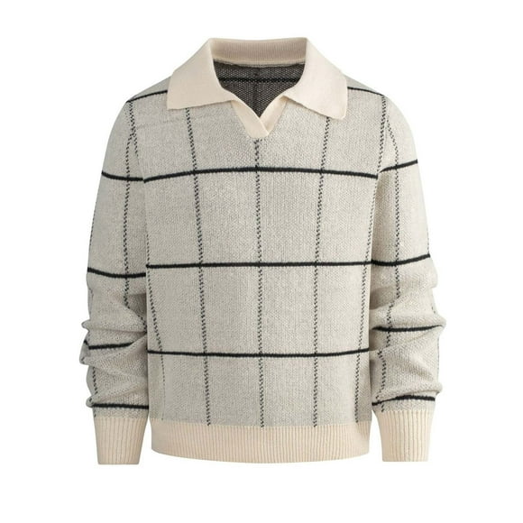 RKSTN Mens Pullover Sweater Checkered Print Solid Color Long Sleeve Lapel Collar Casual Warm Cable Knit Classic Baggy Sweater Fall Winter Versatile Outfits