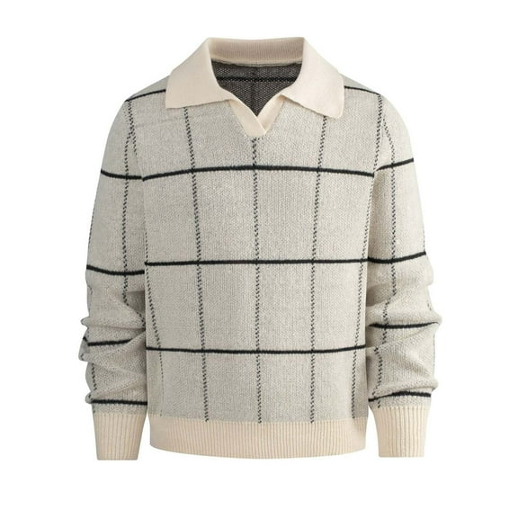 DPTALR Men's Plaid Knit Casual Lapel Pullover V-Neck Sweater,Khaki,XL