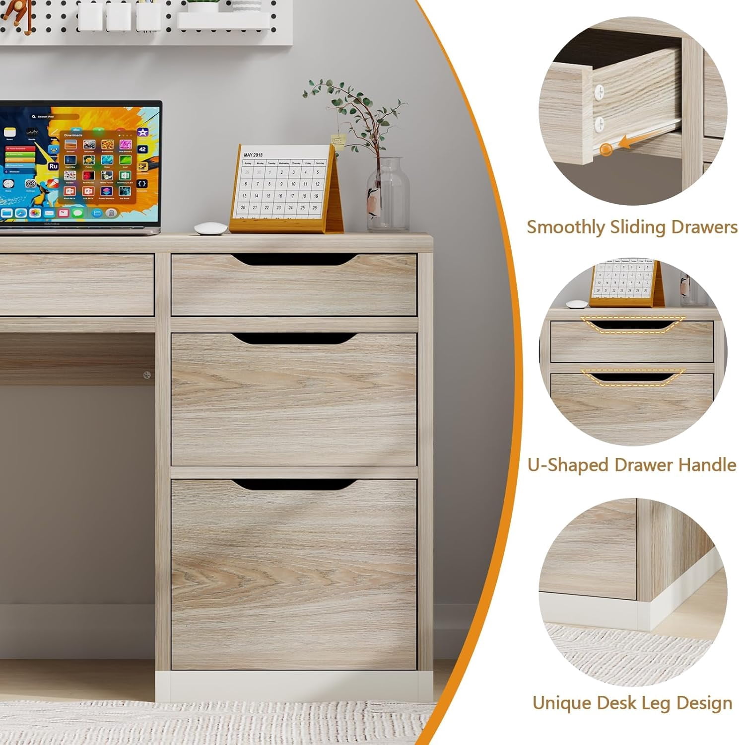 DreamCurship 52 inch Computer Desk with 4 Storage Drawers, Home Office Desk with Storage for Small Space, Writing Desk with File Cabinet, White and Walnut