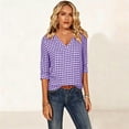 thumbnail image 6 of Edvintorg Womens Tops Plaid Printed V Neck 3/4 Sleeve Loose Casual Shirts Summer Clothes for Women Purple XL, 6 of 7