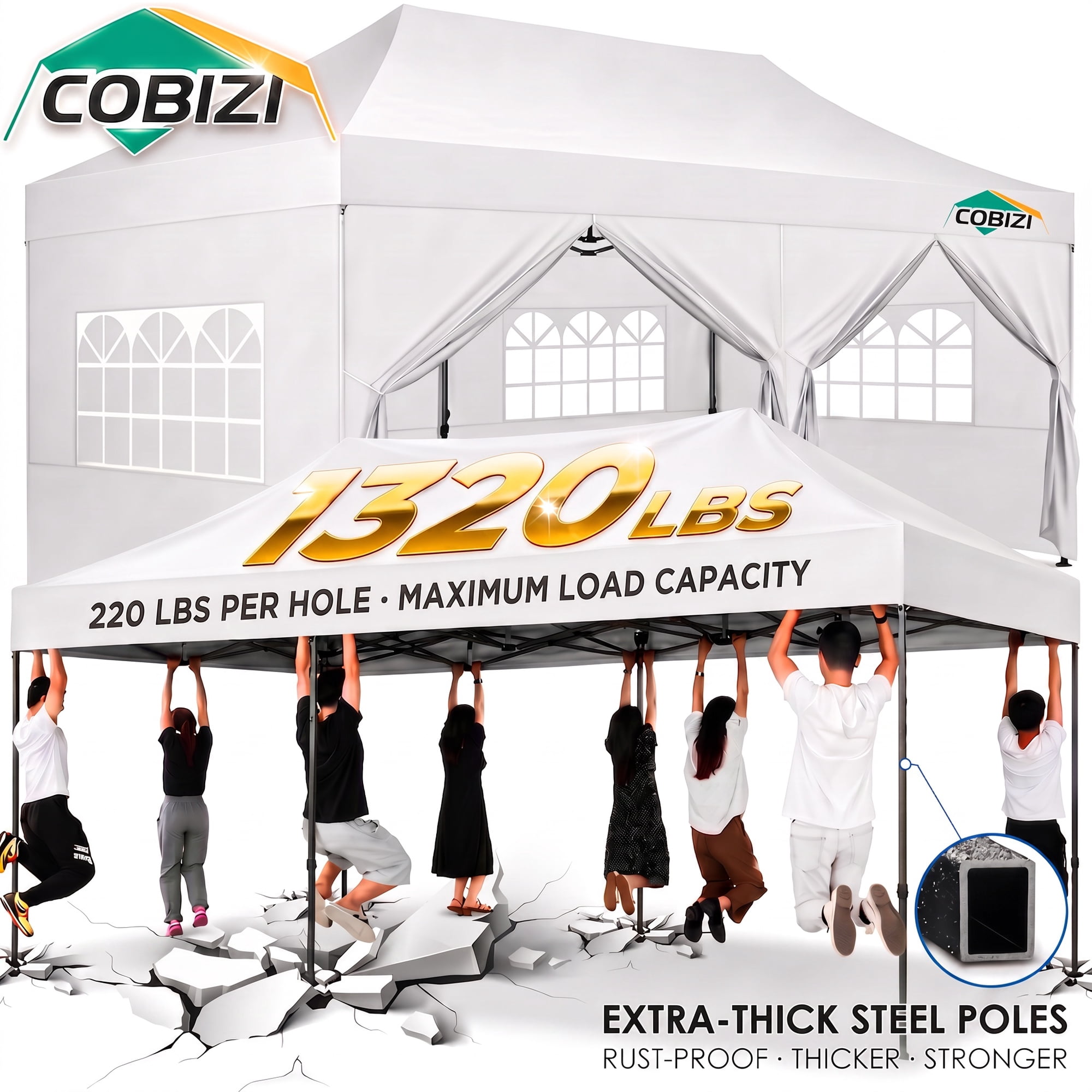 COBIZI 10x20FT Heavy Duty Pop Up Canopy Tent with 6 Removable Sidewalls & Thickened Frame, All-Season Wind & Waterproof Outdoor Canopy for Weddings, Parties & Commercial Events, Roller Bag, White