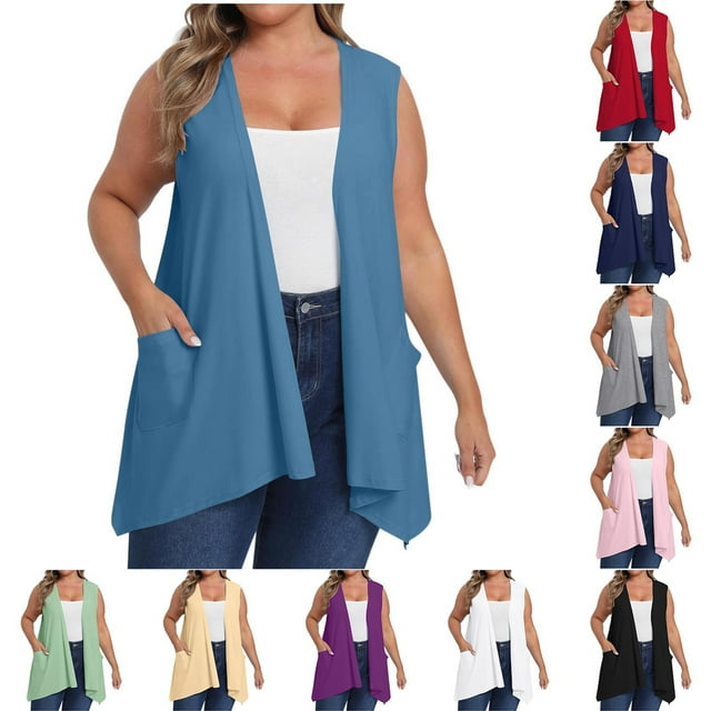 Wiyuqeen Lightweight Plus Size Cardigan for Women with Pocket Sleeveless Open Front Solid Cardigans Summer High Low Hem Draped Cardigans