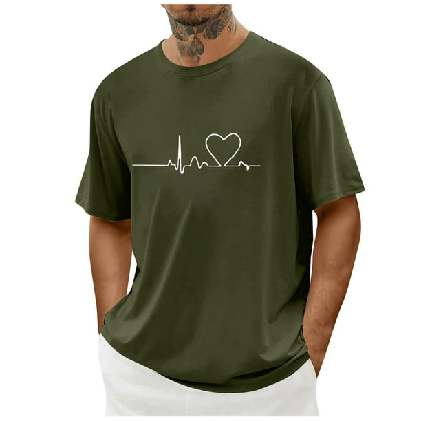 Tops para hombre, blusas y camisas de cuello redondo y manga corta para hombre. Camiseta/camisa informal de cuello redondo y manga corta con estampado de corazones para hombre. Tops de poliéster para