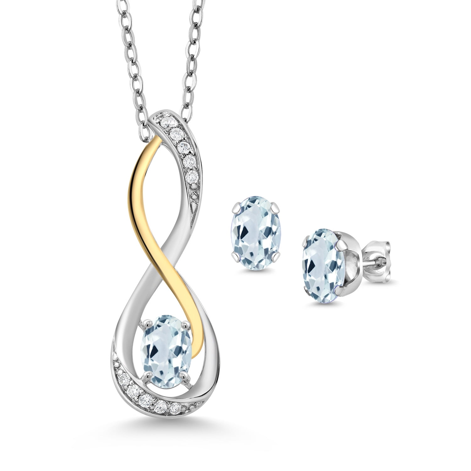 Gem Stone King 1.57 Cttw Sky Blue Aquamarine and White Lab Grown Diamond Infinity Pendant and Earrings Jewelry Set for Women | 925 Sterling Silver and 10K Yellow Gold | With 18 inch Chain