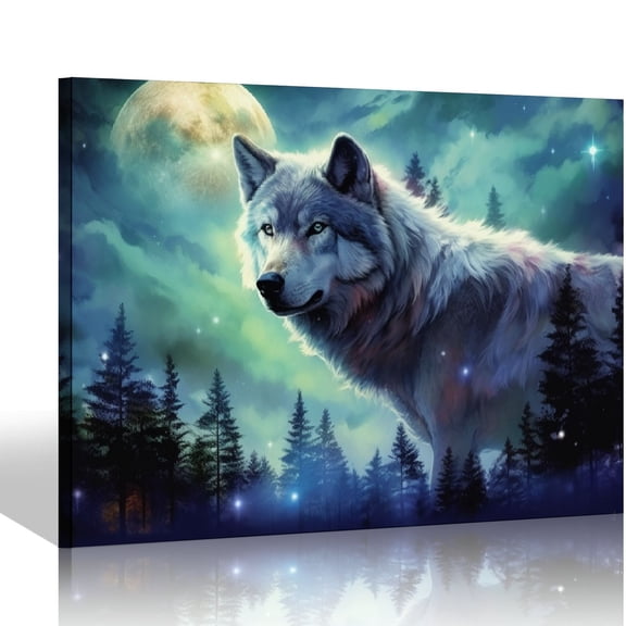 JEUXUS Framed Canvas Wall Art For Living Room Family Wall Decor For Bedroom Wall Decorations For Office Abstract Aurora Scenery Paintings Wolf Wall Pictures Artwork Room Home Decor