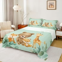 Homewish Bear Giraffe Fox Bed Sheets for Kids, Cartoon Jungle Wildlife King Sheets, Eucalyptus Leaves Sheet Set, Luxury Bedroom Decor, 4-Piece