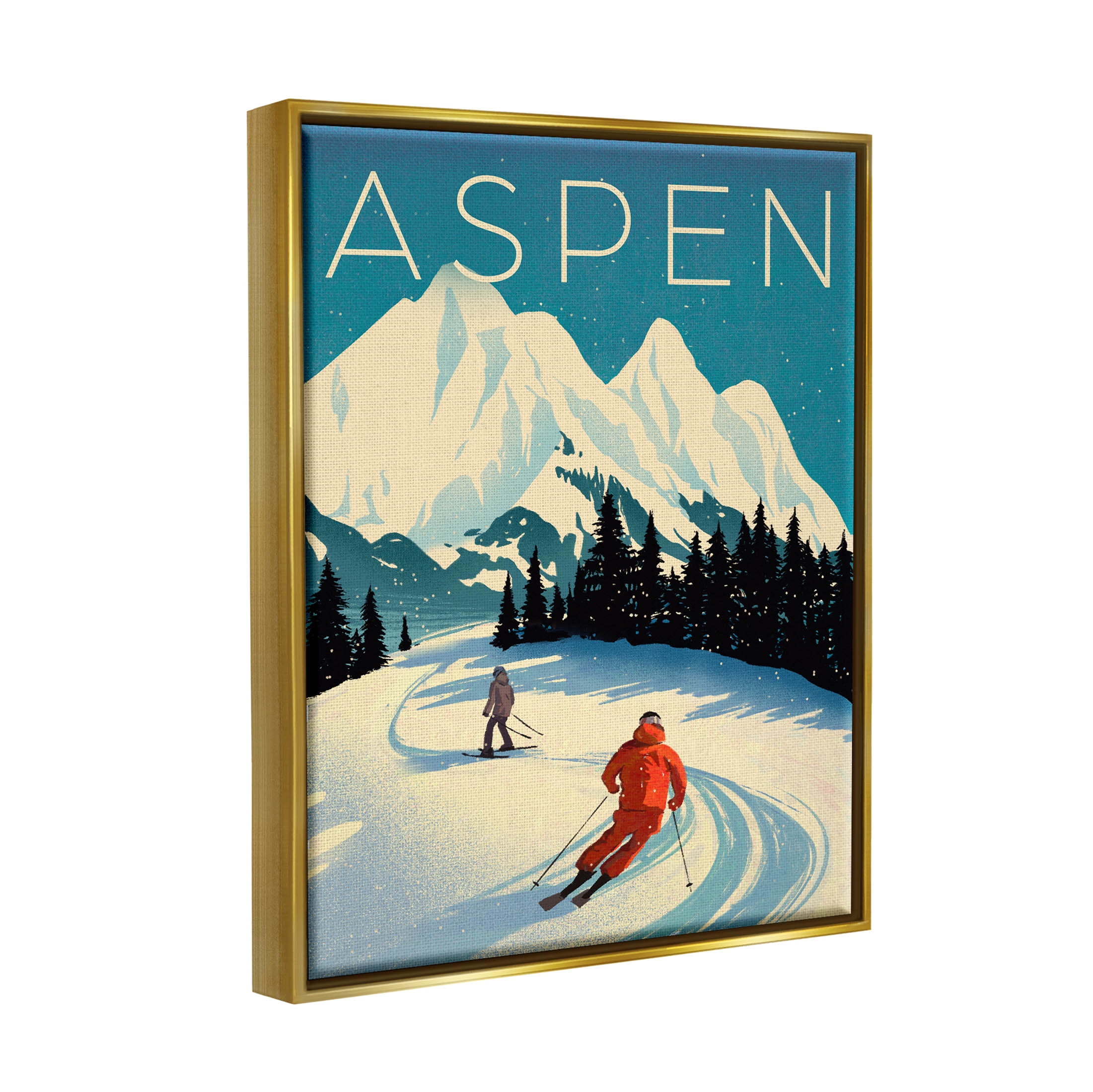 Stupell Industries Aspen Winter Ski Scene Graphic Art Metallic Gold Floating Framed Canvas Print Wall Art, Design by Ziwei Li