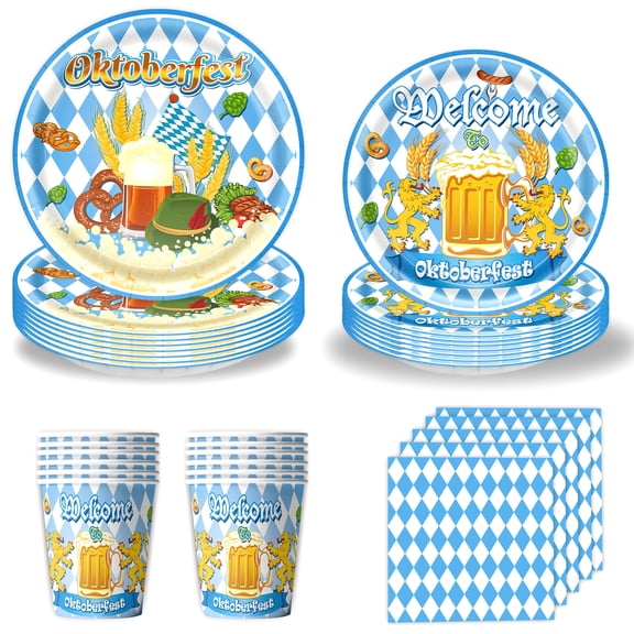 48/50/76/96/144Pcs Oktoberfest Party Supplies –Dinnerware Set Include Plates Cutlery Cups, Knives, Forks, Spoons, Tablecloth,Banners,Cake Topper for Beer Festival, Oktoberfest Celebration