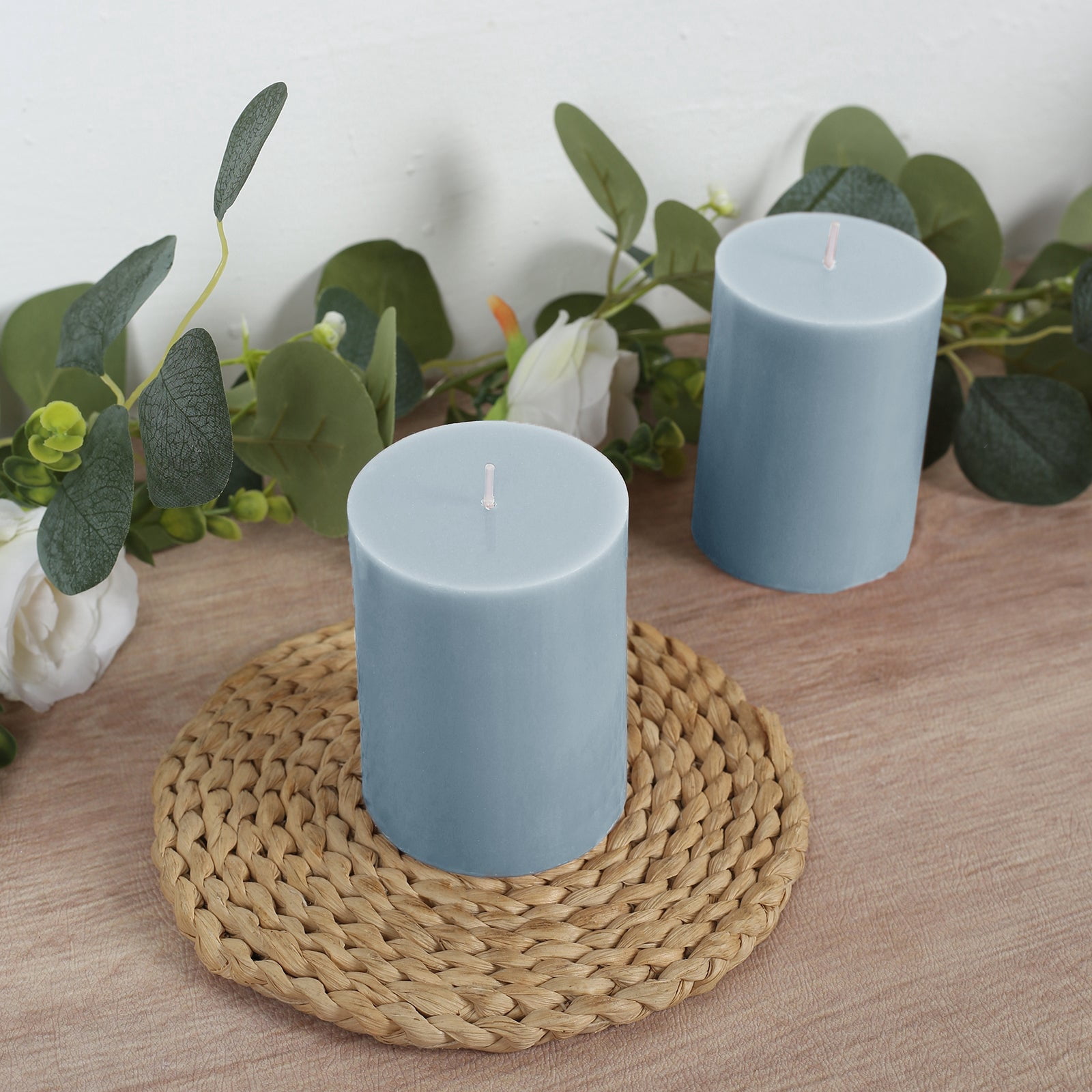 Efavormart 12-Pack Unscented Pillar Candles – Dripless 3"x4" Dusty Blue Paraffin Wax with Smokeless Cotton Wicks, Clean & Long-Lasting Burn for Weddings, Home & Event Decor