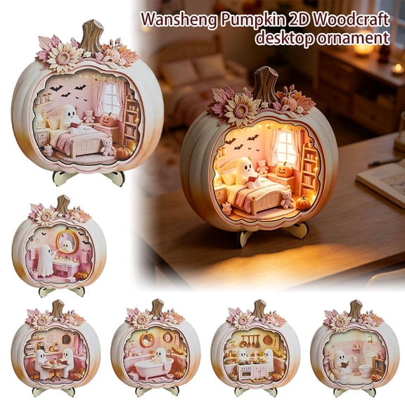 Halloween Tabletop Decor, Halloween Pumpkin Decorations, Wooden Pumpkin Decor, Cute Ghost Decor, 8X8 Inch 3D Style White Pumpkin Halloween Painting with Detachable Triangular
