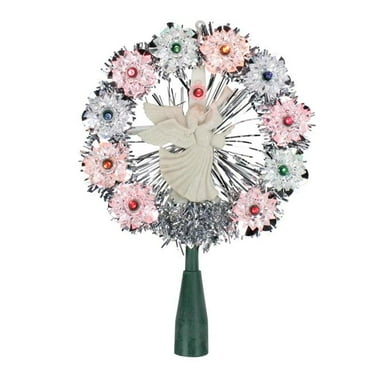 8 in. Silver Tinsel Wreath with Angel Christmas Tree Topper - Multi Lights