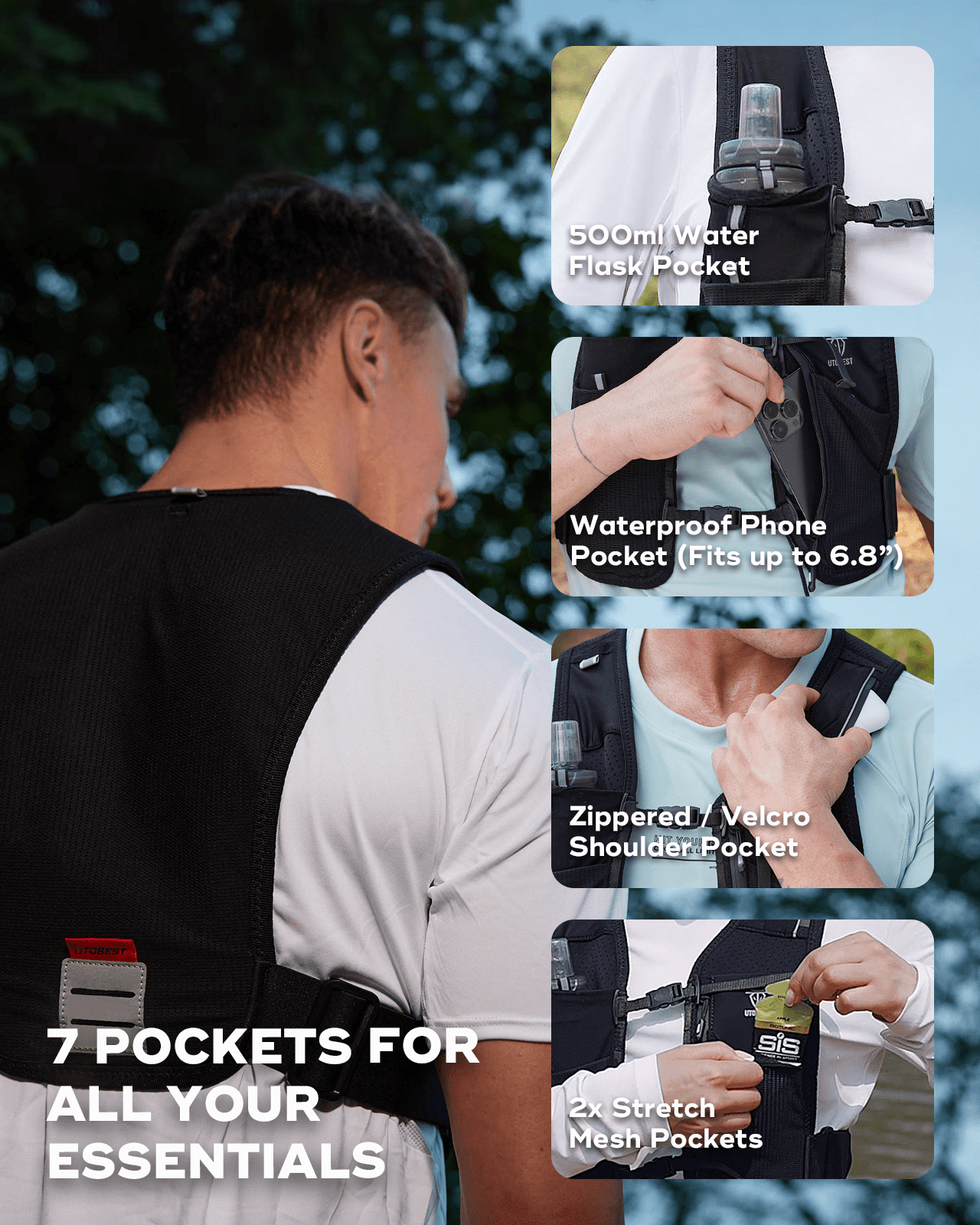 UTOBEST UTR113 Reflective Running Vest Hydration Pack Adjustable Phone Holder with 500ml Soft Flask and Led Light, S