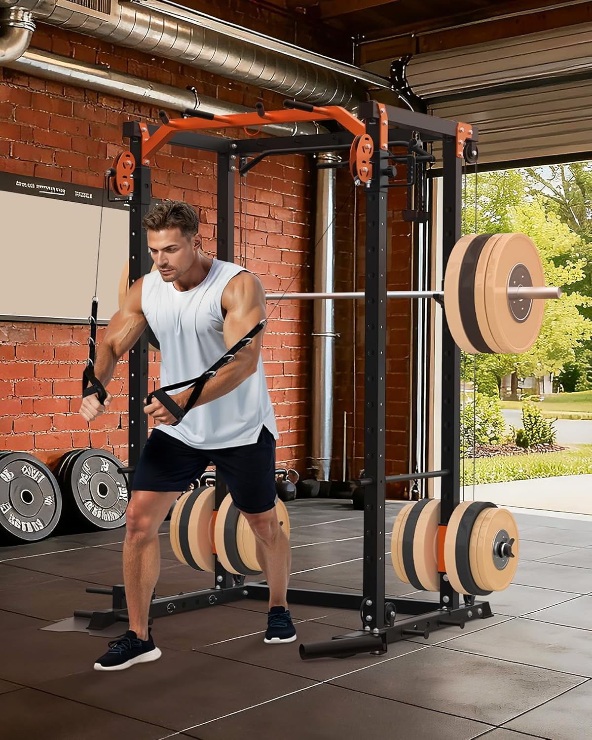 JoanKaren Power Rack Cage,2000lbs Capacity Weight Rack with Adjustable Cable Crossover Machine,Multi-Function Squat Rack with J Hooks,Dip Bars and Landmine,Balck&Orange