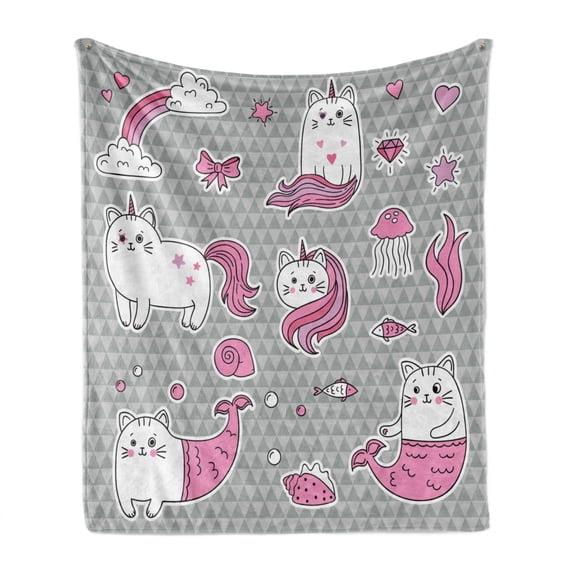 Unicorn Cat Soft Flannel Fleece Throw Blanket, Cat Unicorn and Mermaid Fishes Bubbles Hearts Underwater Theme, Cozy Plush for Indoor and Outdoor Use, 60" x 80", Grey Pale Pink White, by Ambesonne