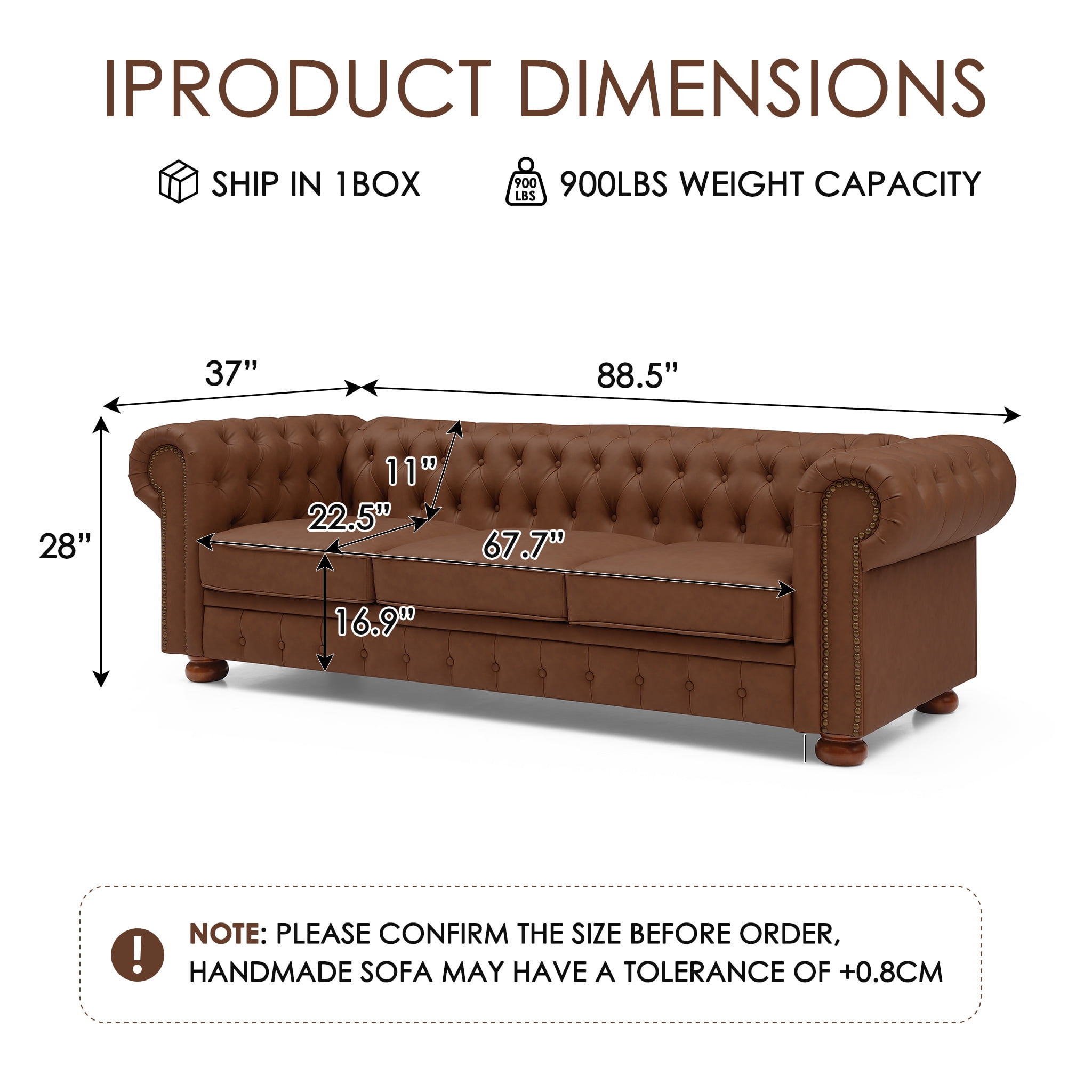 81" Brown Chesterfield Faux Leather Sofa, Rolled Arm 3 Seater Couch, Button Tufted Back, Nailhead Trim, Individual Cushions, Solid Wood Legs for Living Room, Office, Apartment
