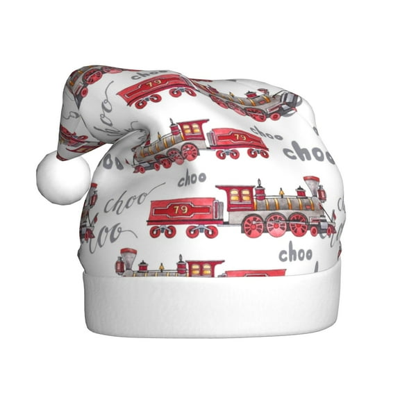 Fuzoiu Retro Train Print Santa Hat Christmas Hat for Adults,Santa Hats with Pompom, Unisex Xmas Holiday Hat for Christmas New Year Festive Party Supplies