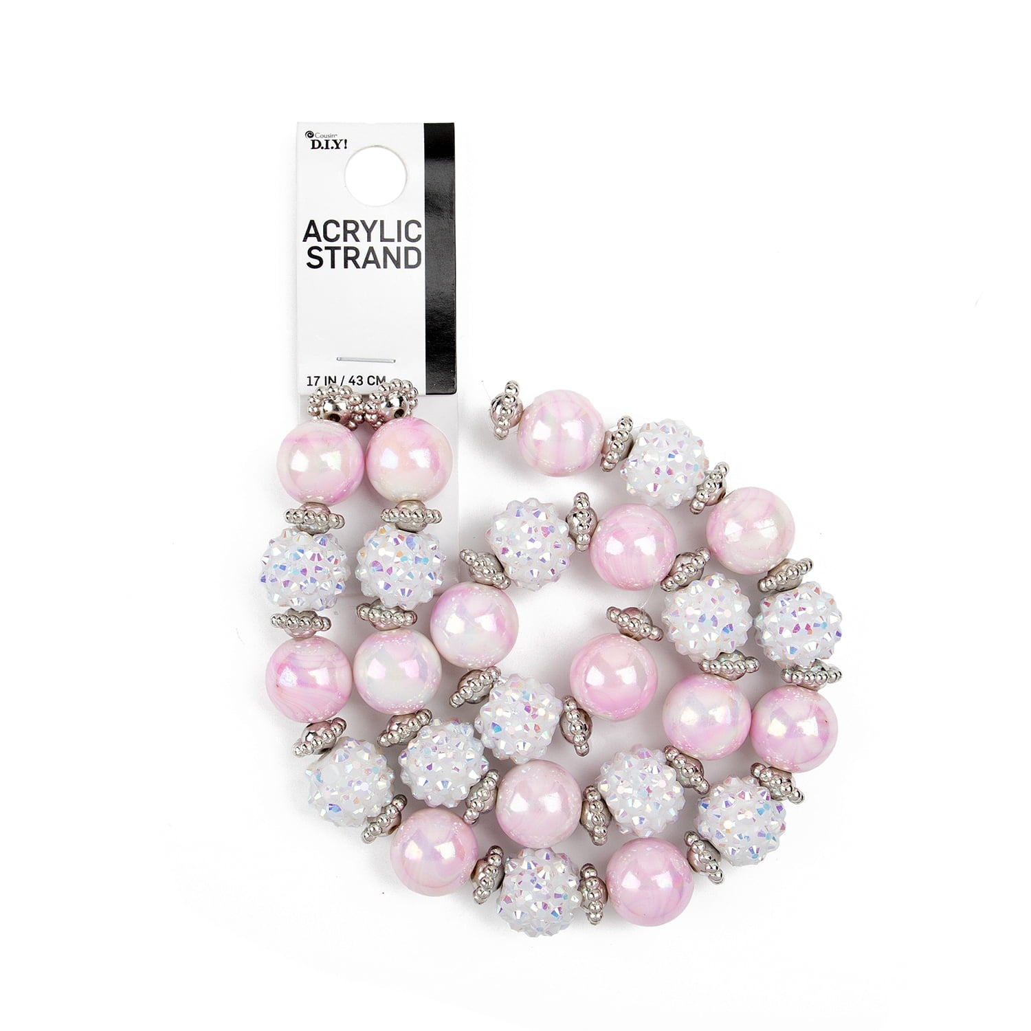 (2 pack) Cousin DIY White AB and Pink Acrylic Shamballa Bead Strand, 54 Pieces, Unisex