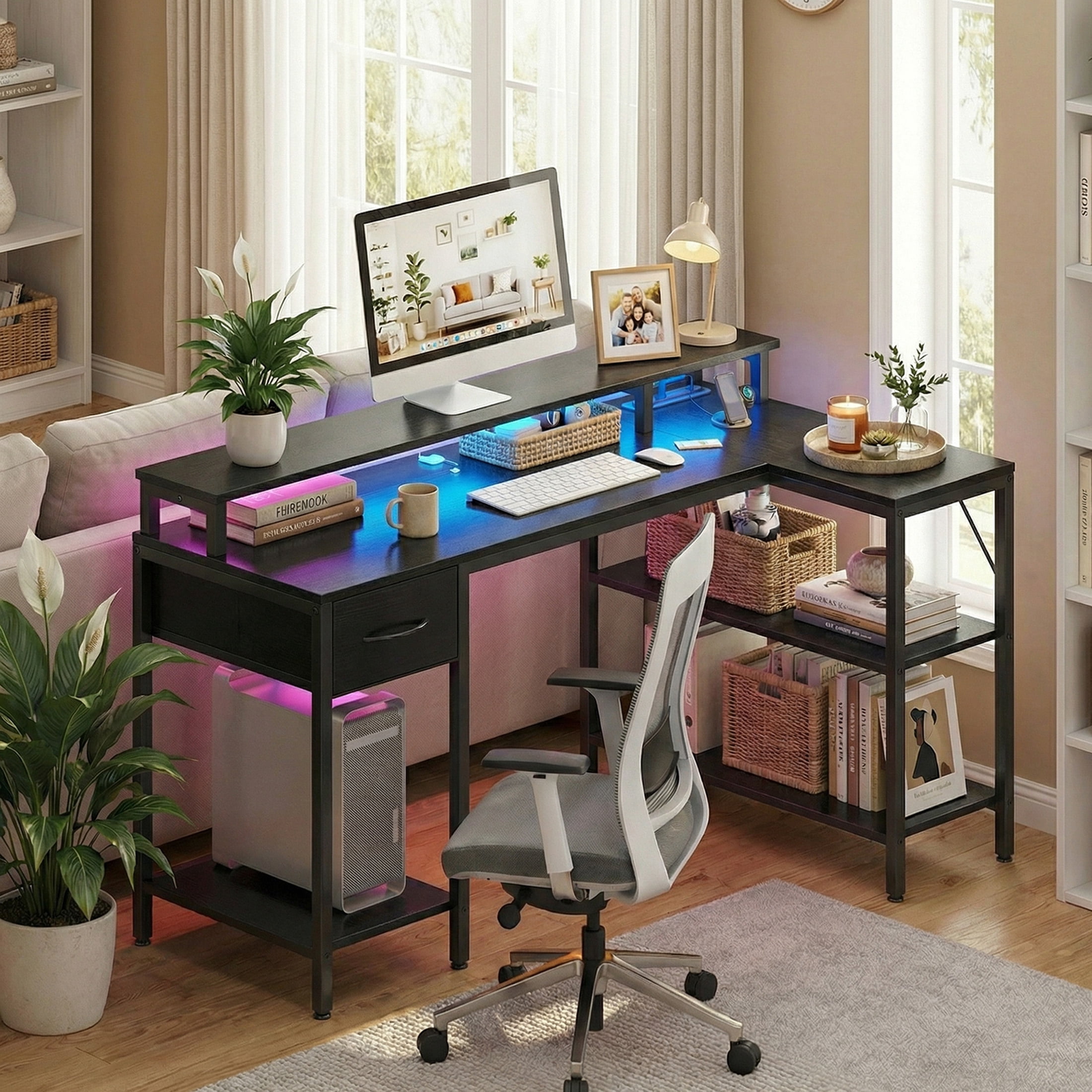 CONCETTA 53 inch L-Shaped Gaming Desk, Reversible Design with LED Lighting, Power Outlets and Double-Tier Storage, Black for Home Office